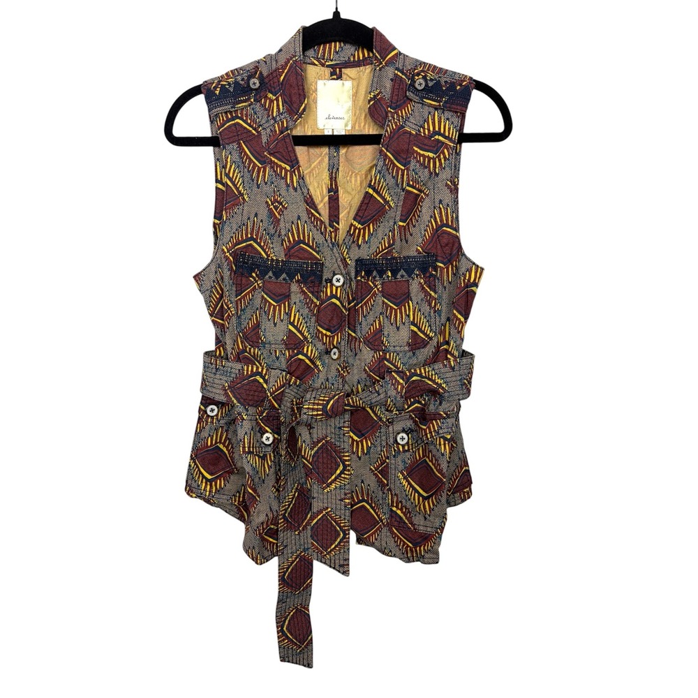 Elevenses Geometric Tribal Print Utility Belted Vest Cotton Linen Small